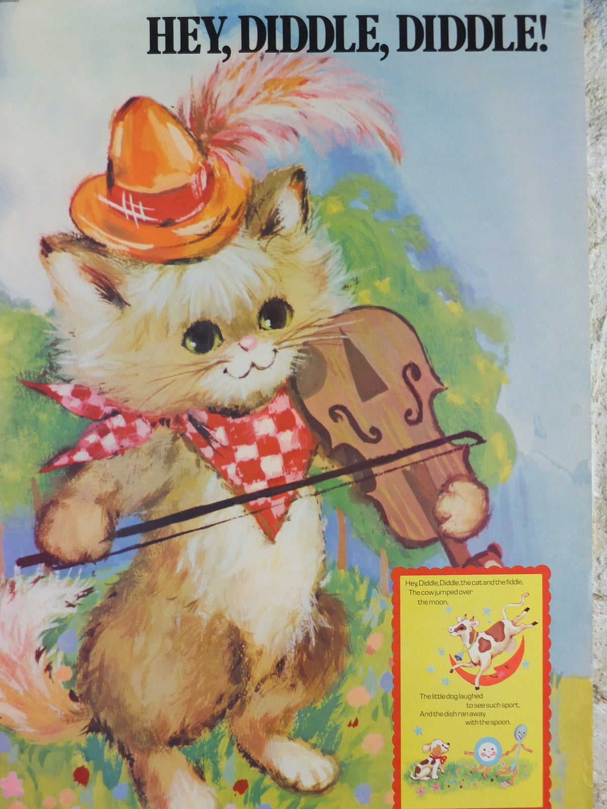 1970s Hey Diddle Diddle Nursery Poster, Vintage nursery rhyme, from Rustcraft greeting cards, wall art decor