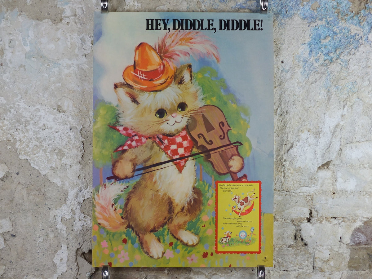 1970s Hey Diddle Diddle Nursery Poster, Vintage nursery rhyme, from Rustcraft greeting cards, wall art decor