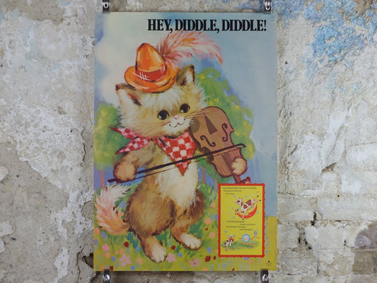 1970s Hey Diddle Diddle Nursery Poster, Vintage nursery rhyme, from Rustcraft greeting cards, wall art decor