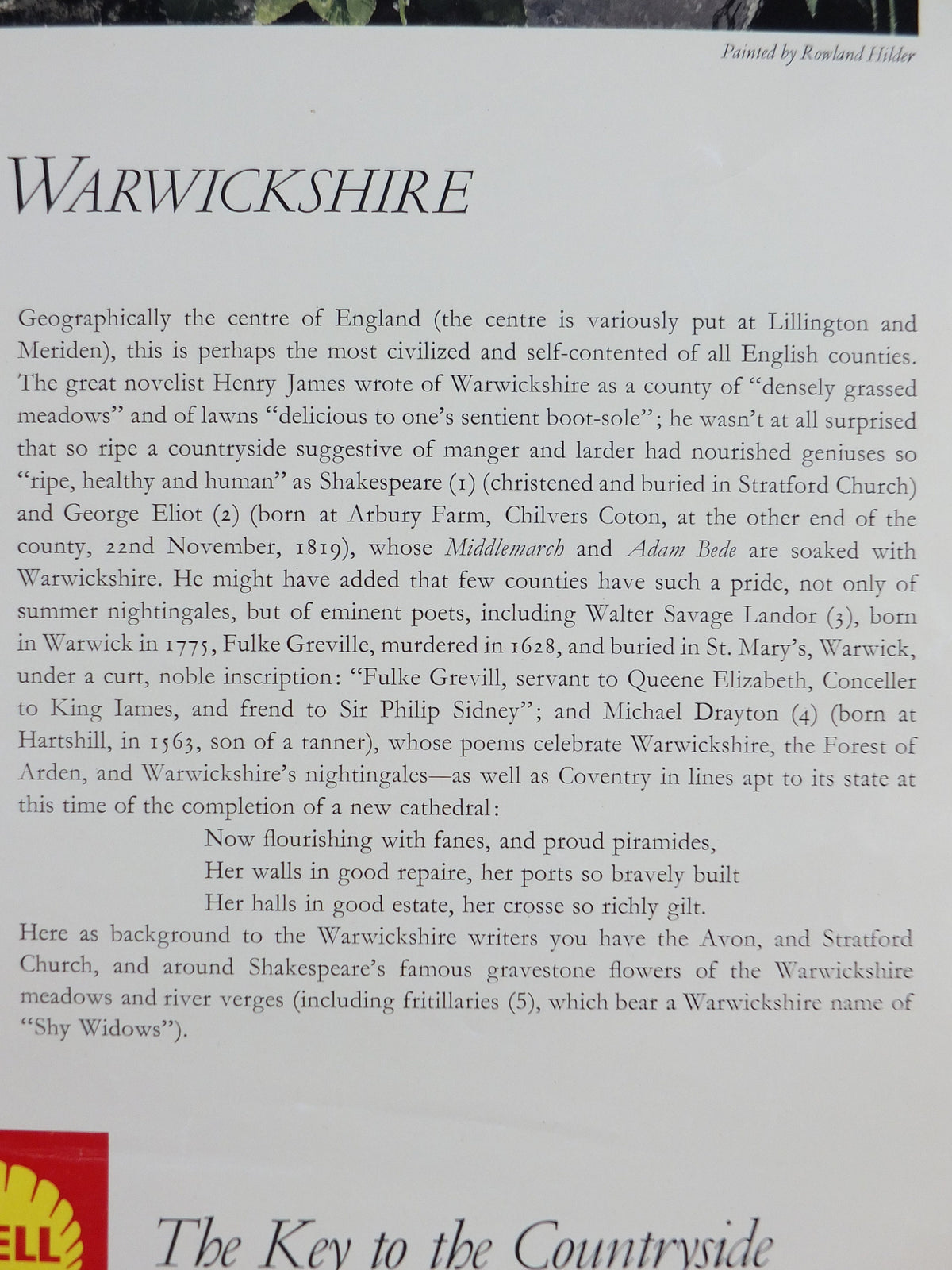 Shell Guide to Warwickshire Poster, England by Rowland Hilder 1950s vintage, The Key to the Countryside, educational wall art and decor