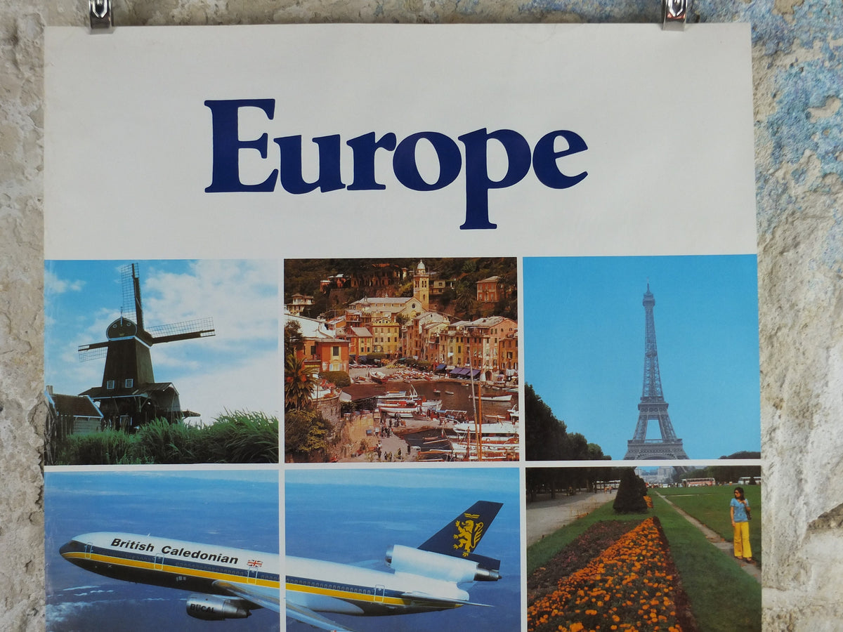 1970s British Caledonian Airways Poster, Europe, McDonnell Douglas DC 10, Aviation, travel wall art decor