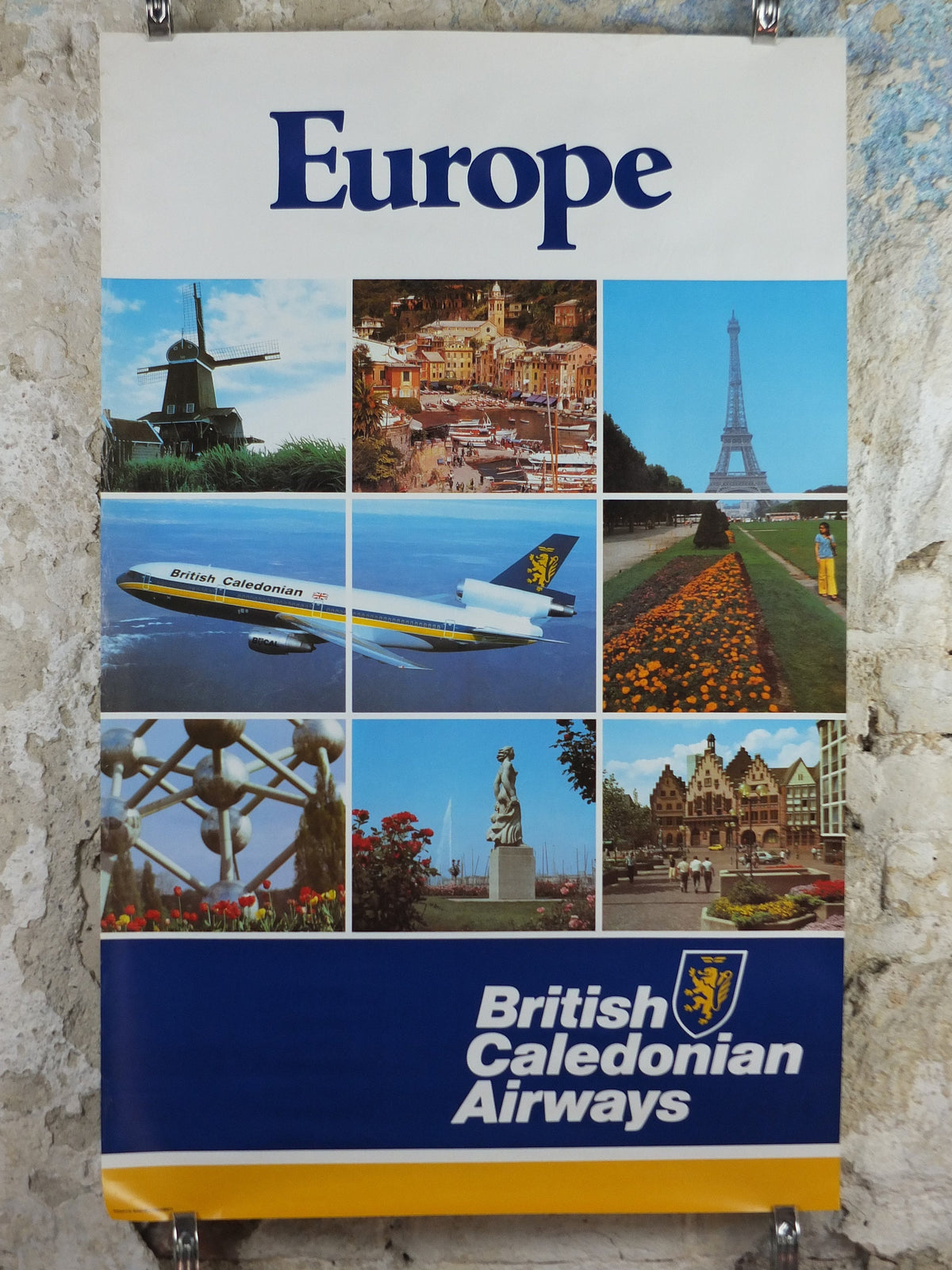 1970s British Caledonian Airways Poster, Europe, McDonnell Douglas DC 10, Aviation, travel wall art decor