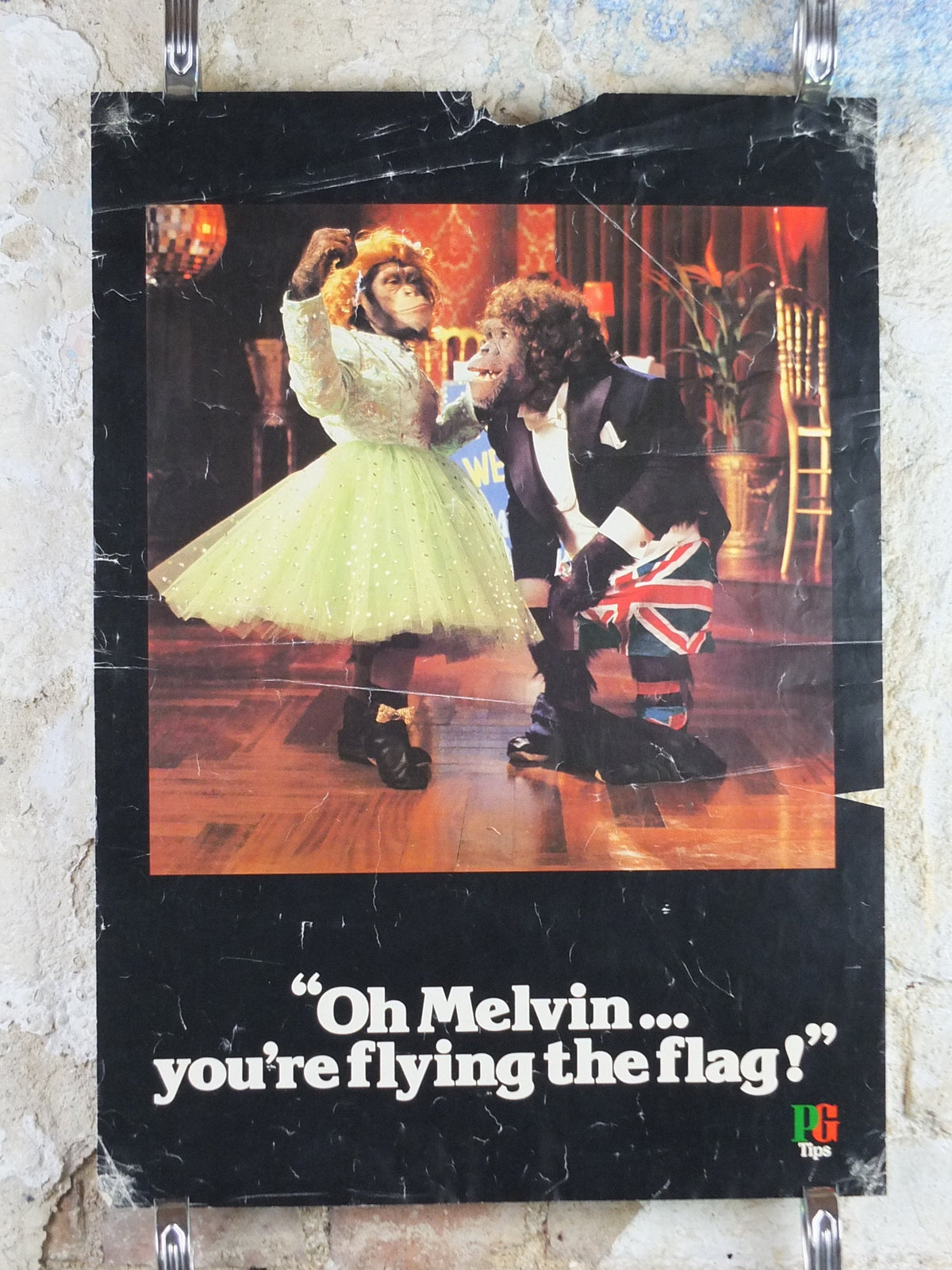 1970s PG Tips Chimpanze Poster, Oh Melvin you're flying the flag, tea, tea bags, kitchen, distressed condition, wall art retro decor