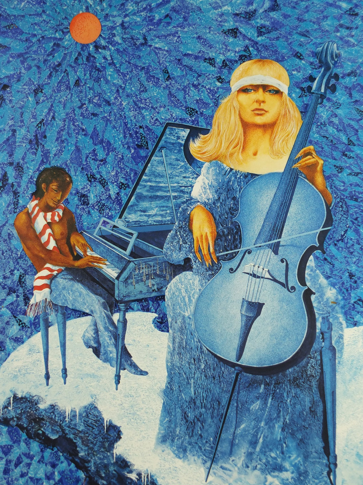 1972 Helmut Leherb Poster, A girl playing her cello on cloud, Lotte mit Cello, Vienna School of Fantastic Realism, Surrealism wall art decor