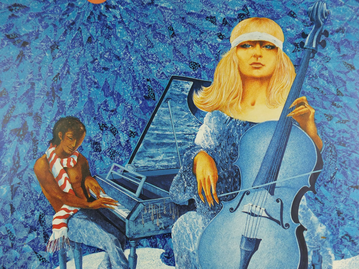 1972 Helmut Leherb Poster, A girl playing her cello on cloud, Lotte mit Cello, Vienna School of Fantastic Realism, Surrealism wall art decor