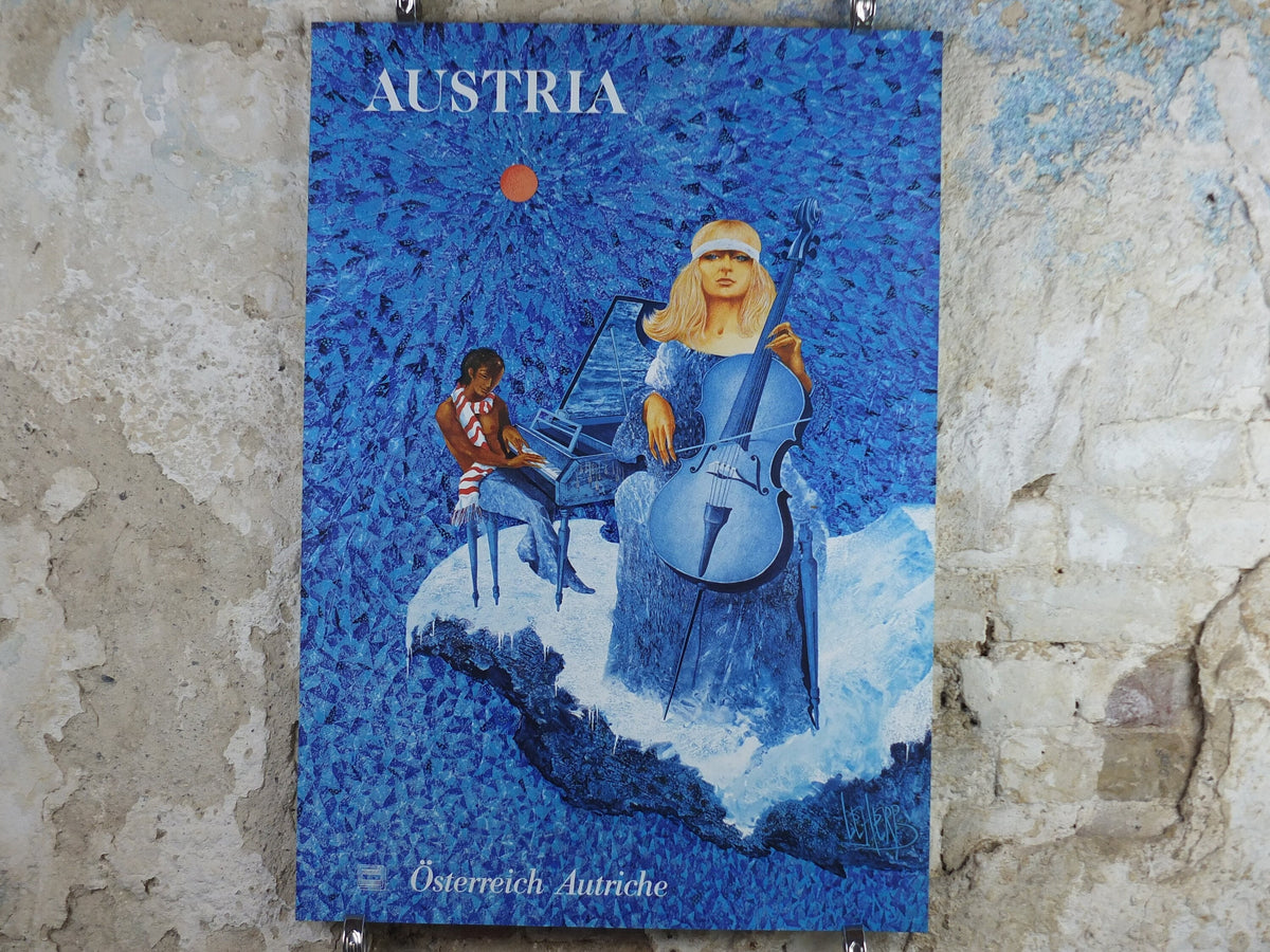 1972 Helmut Leherb Poster, A girl playing her cello on cloud, Lotte mit Cello, Vienna School of Fantastic Realism, Surrealism wall art decor