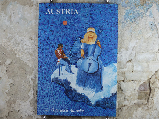 1972 Helmut Leherb Poster, A girl playing her cello on cloud, Lotte mit Cello, Vienna School of Fantastic Realism, Surrealism wall art decor