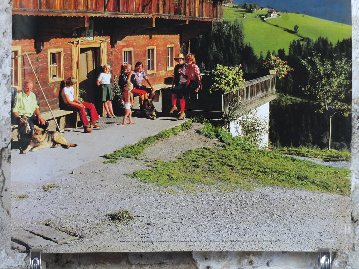 1970s Tyrol in the Summer Poster, Austria, flowers on the ski chalet, mountain tourism skiing vacation wall art decor