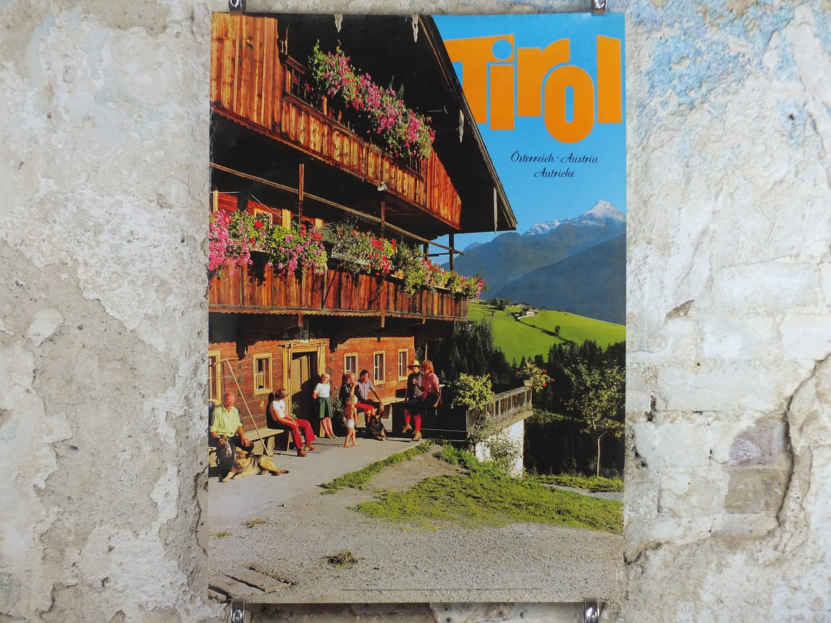 1970s Tyrol in the Summer Poster, Austria, flowers on the ski chalet, mountain tourism skiing vacation wall art decor