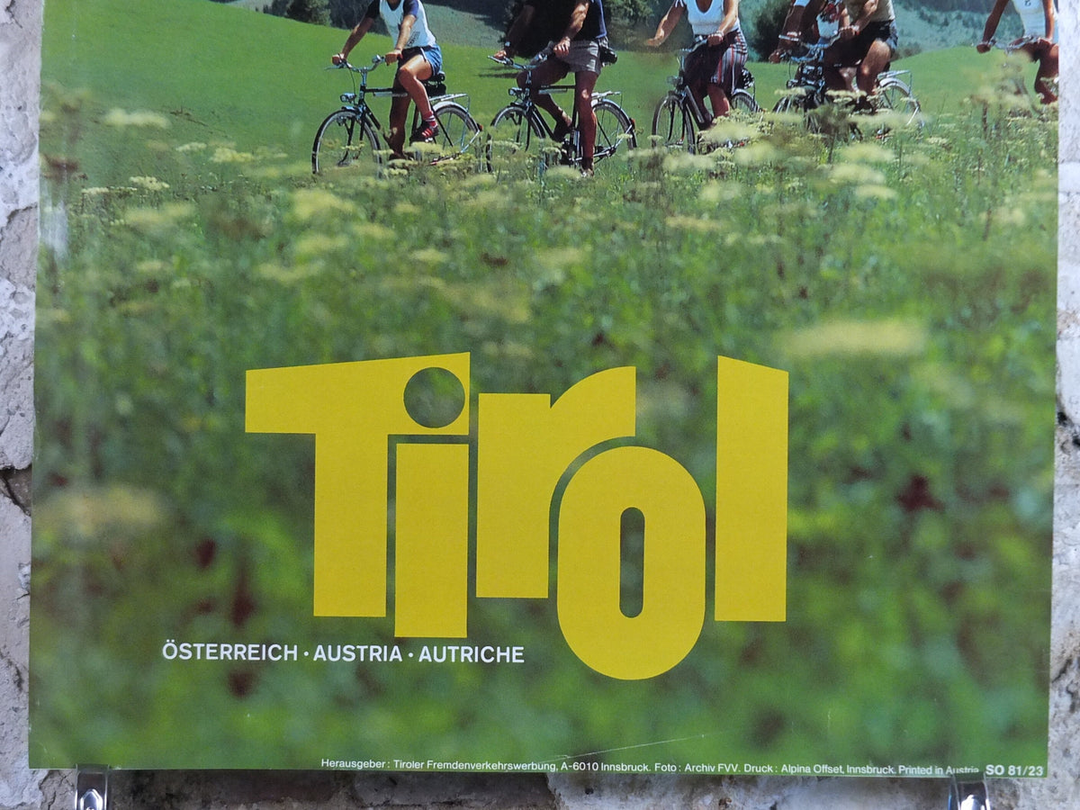 1970s Cycling in Tyrol in the Summer Poster, Austria, family on bikes, mountain tourism skiing vacation wall art decor
