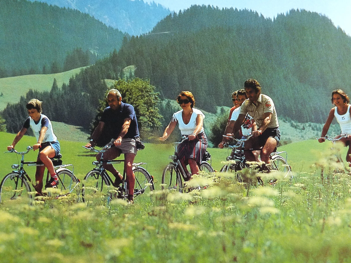 1970s Cycling in Tyrol in the Summer Poster, Austria, family on bikes, mountain tourism skiing vacation wall art decor