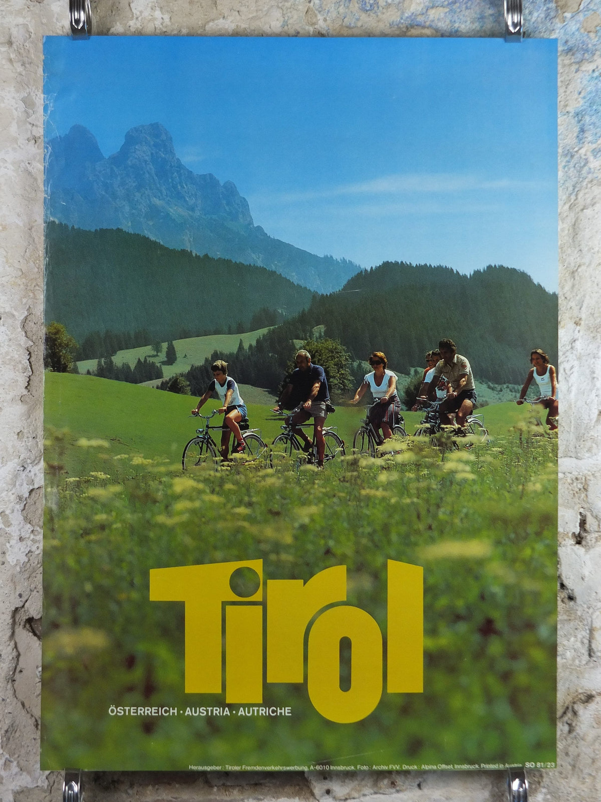 1970s Cycling in Tyrol in the Summer Poster, Austria, family on bikes, mountain tourism skiing vacation wall art decor