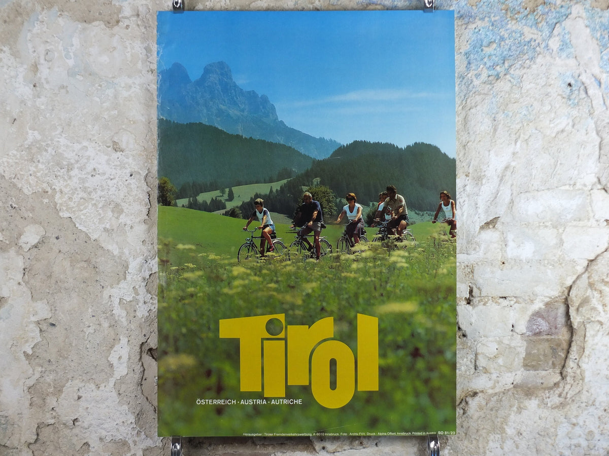 1970s Cycling in Tyrol in the Summer Poster, Austria, family on bikes, mountain tourism skiing vacation wall art decor