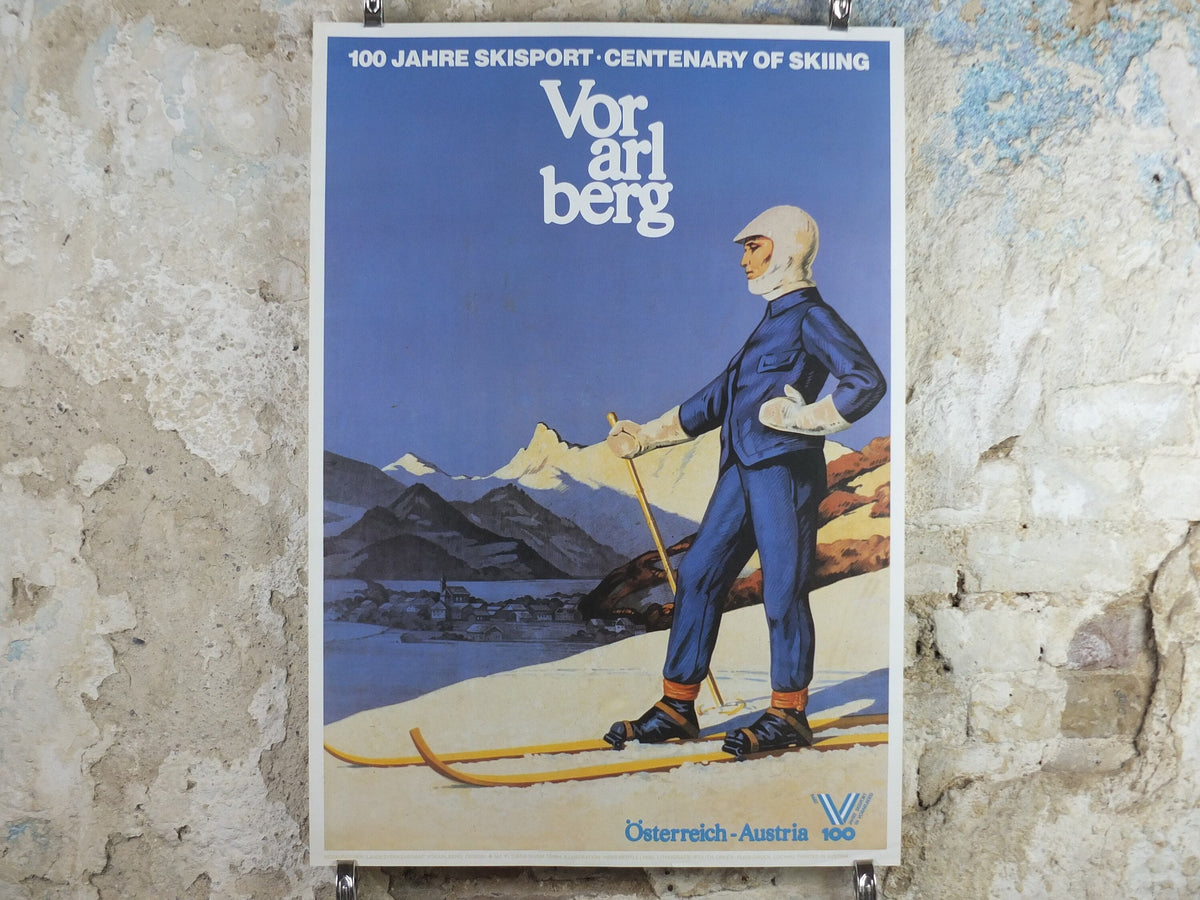 1987 Vorarlberg Ski Poster, 100 years of skiing in the Vorarlberg, Winter Sports, sport d'hiver, travel tourism skiing, wall art decor