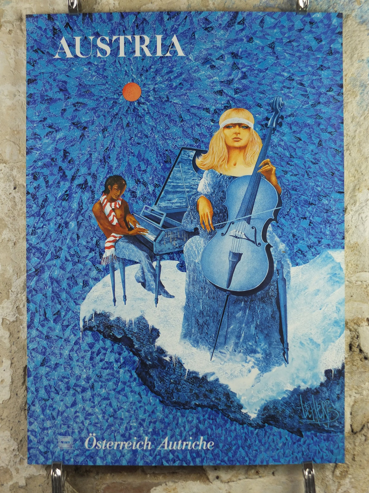 1972 Helmut Leherb Poster, A girl playing her cello on cloud, Lotte mit Cello, Vienna School of Fantastic Realism, Surrealism wall art decor