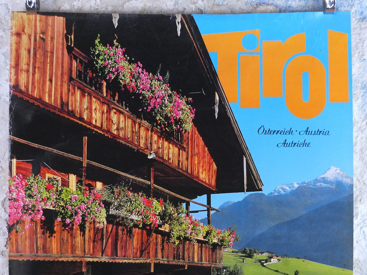 1970s Tyrol in the Summer Poster, Austria, flowers on the ski chalet, mountain tourism skiing vacation wall art decor