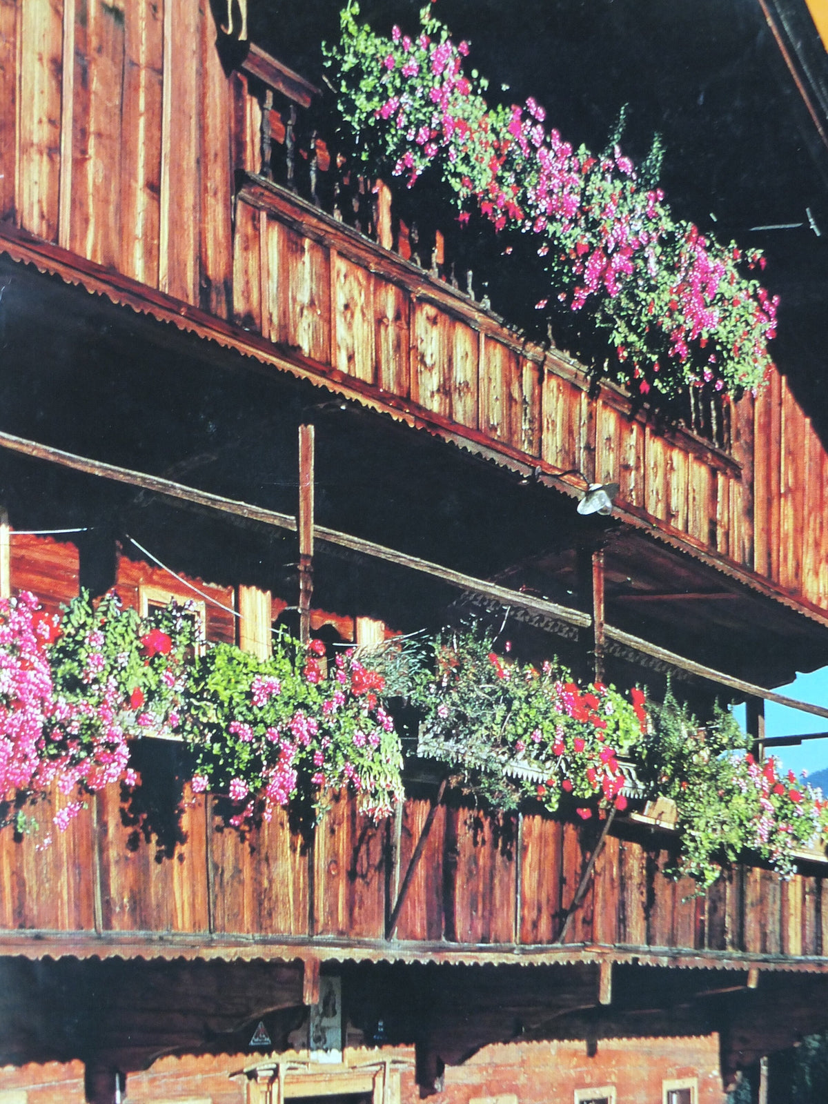 1970s Tyrol in the Summer Poster, Austria, flowers on the ski chalet, mountain tourism skiing vacation wall art decor
