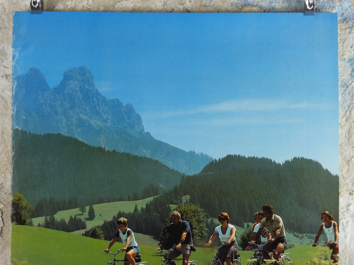 1970s Cycling in Tyrol in the Summer Poster, Austria, family on bikes, mountain tourism skiing vacation wall art decor