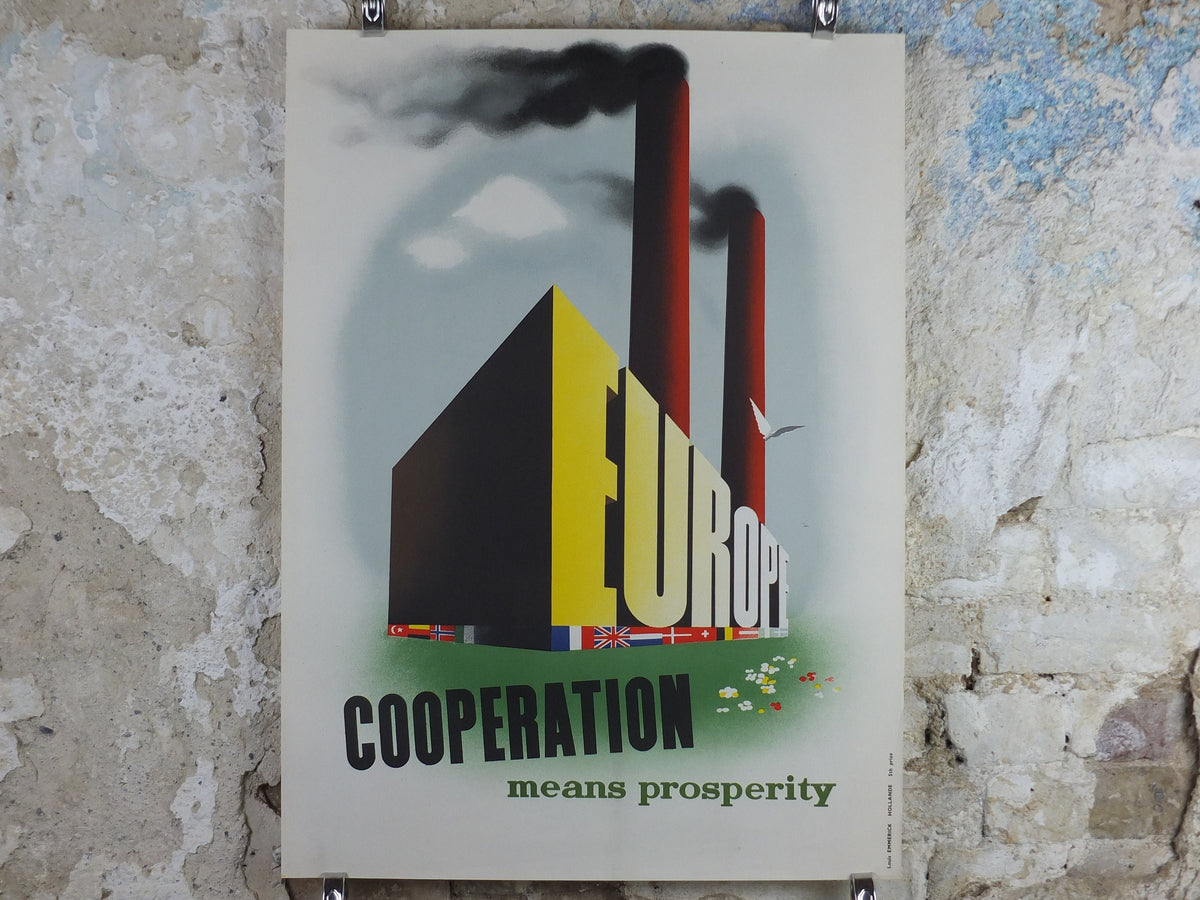1950 ERP European Recovery Fund Poster, Cooperation Means Prosperity, Marshall Plan, Louis Emmerick, industry, European Union wall art decor
