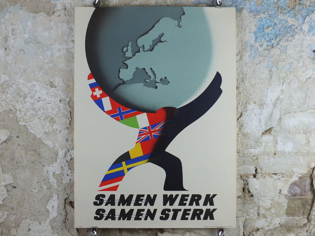 1950 ERP European Recovery Fund Poster, Work together, Strong together, Marshall Plan, FJE Mettes, Atlas, European Union wall art decor