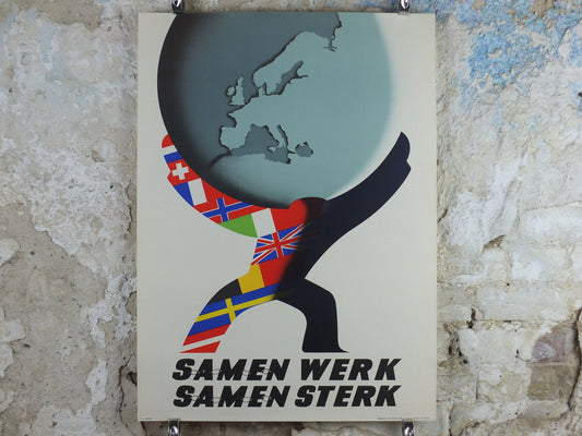 1950 ERP European Recovery Fund Poster, Work together, Strong together, Marshall Plan, FJE Mettes, Atlas, European Union wall art decor
