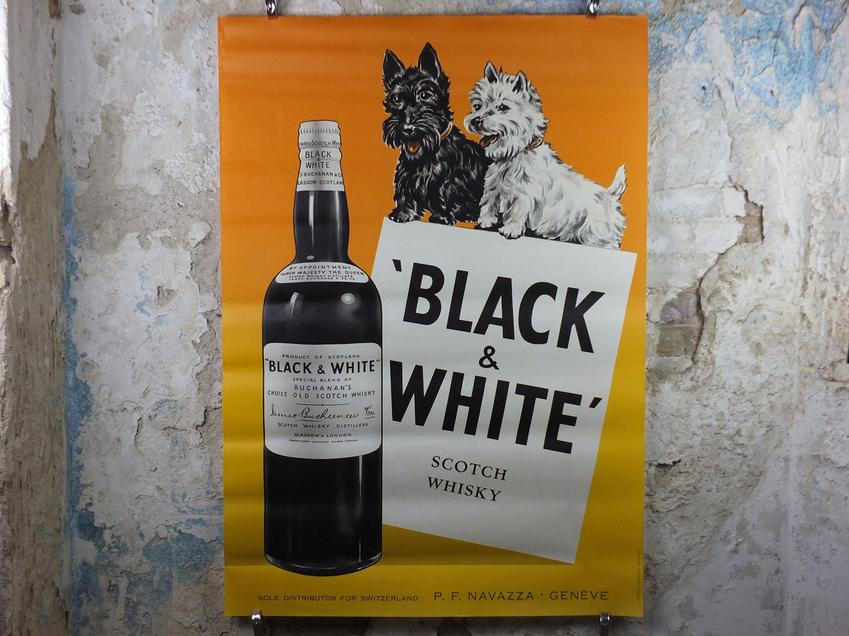1962 Black & White Whisky Poster, Scotch Whisky, Scottish Terrier, Buchanans, Glasgow, advertising print wall art retro