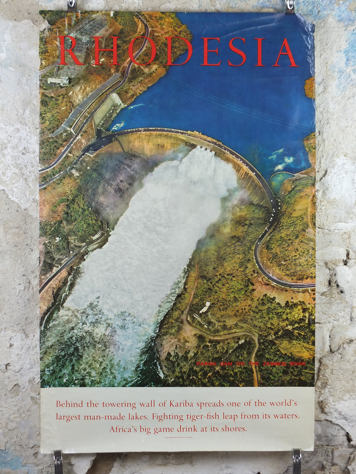 1960s Rhodesia Travel Poster, Kariba Dam, Vintage colonial poster from Zimbabwe, travel tourism, holiday vacation, wall art decor