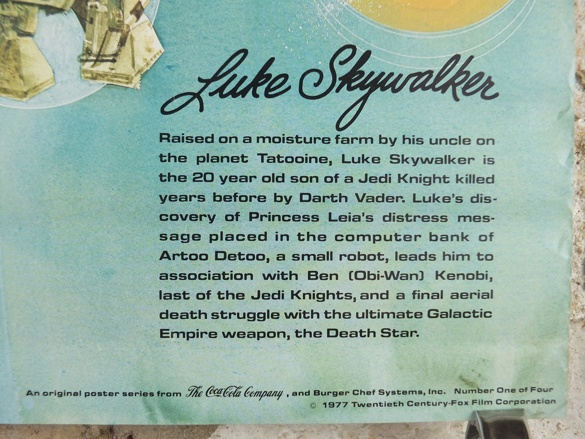 1977 Star Wars Luke Skywalker Poster, by Del Nichols, Coca Cola, Burger Chef, Princess Leia Darth Vader wall art