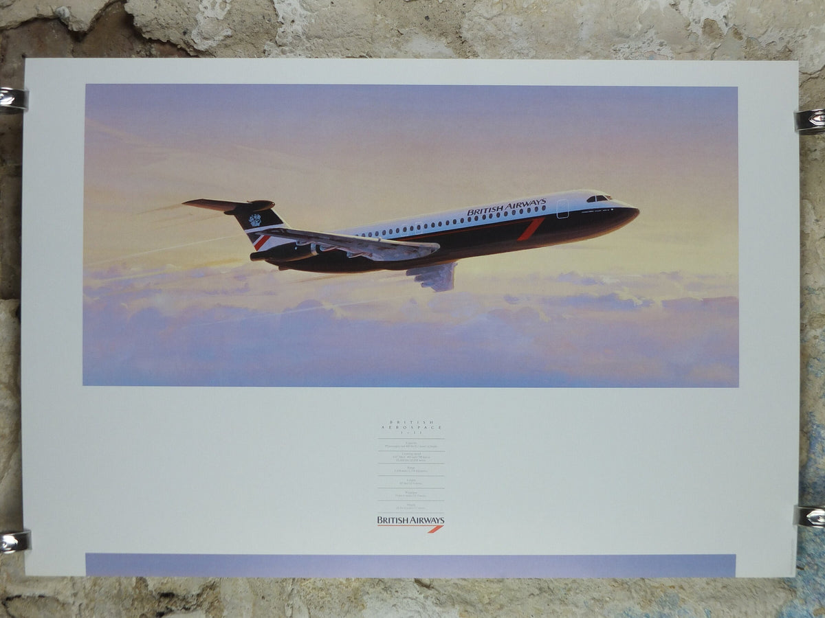 1989 British Airways Poster, British Aerospace BAC 1 - 11, by Roy Huxley, BA Aviation aircraft aeroplane plane, travel wall art decor