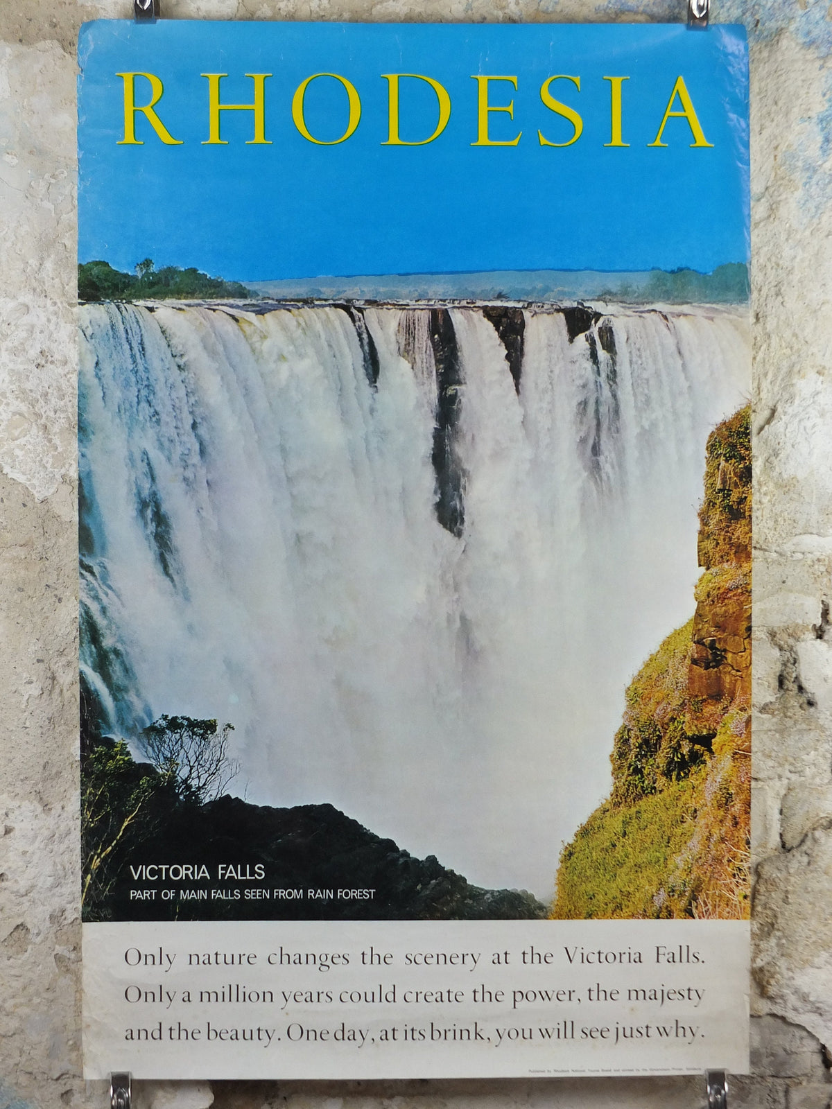 1960s Rhodesia Travel Poster, Victoria Falls, Vintage colonial poster from Zimbabwe, travel tourism, holiday vacation, wall art decor