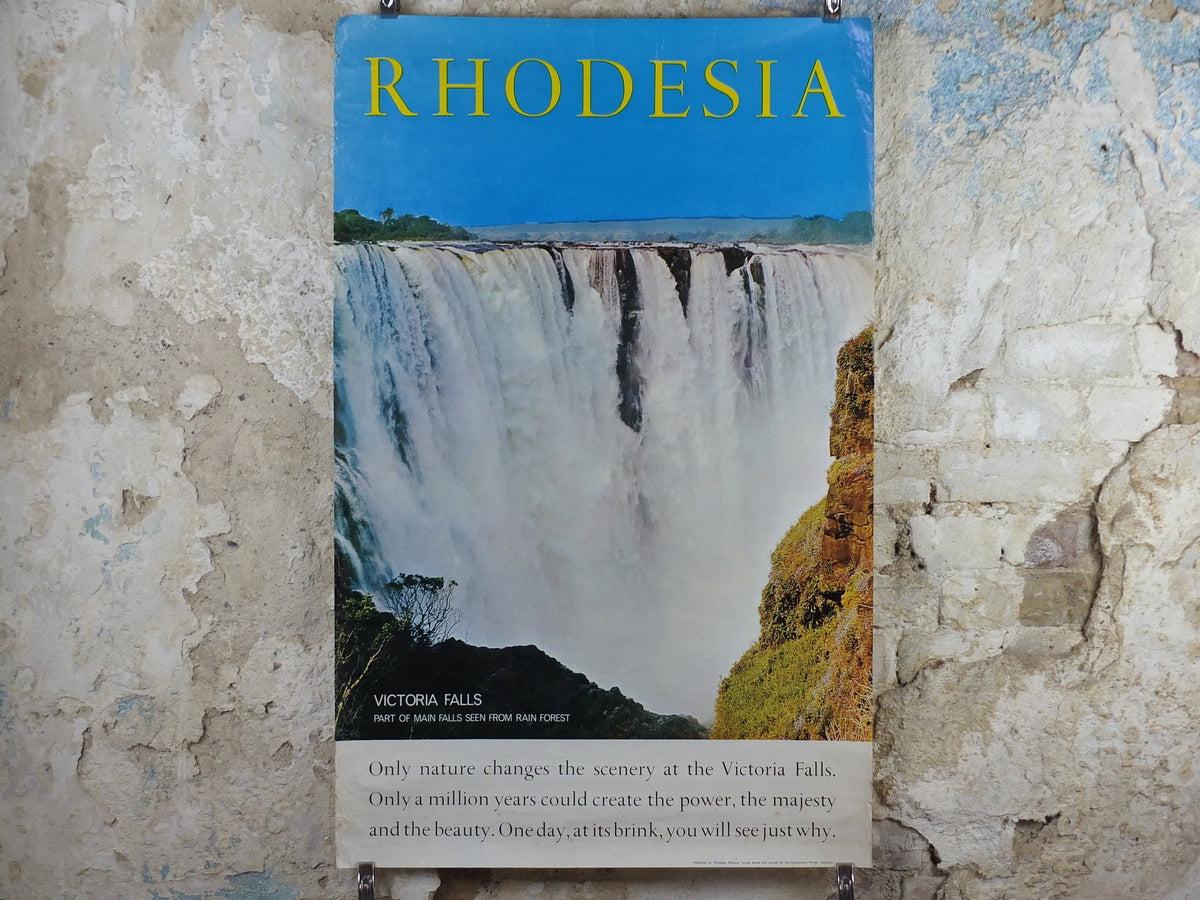 1960s Rhodesia Travel Poster, Victoria Falls, Vintage colonial poster from Zimbabwe, travel tourism, holiday vacation, wall art decor