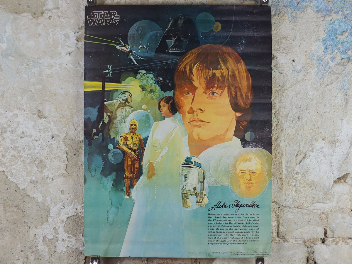 1977 Star Wars Luke Skywalker Poster, by Del Nichols, Coca Cola, Burger Chef, Princess Leia Darth Vader wall art
