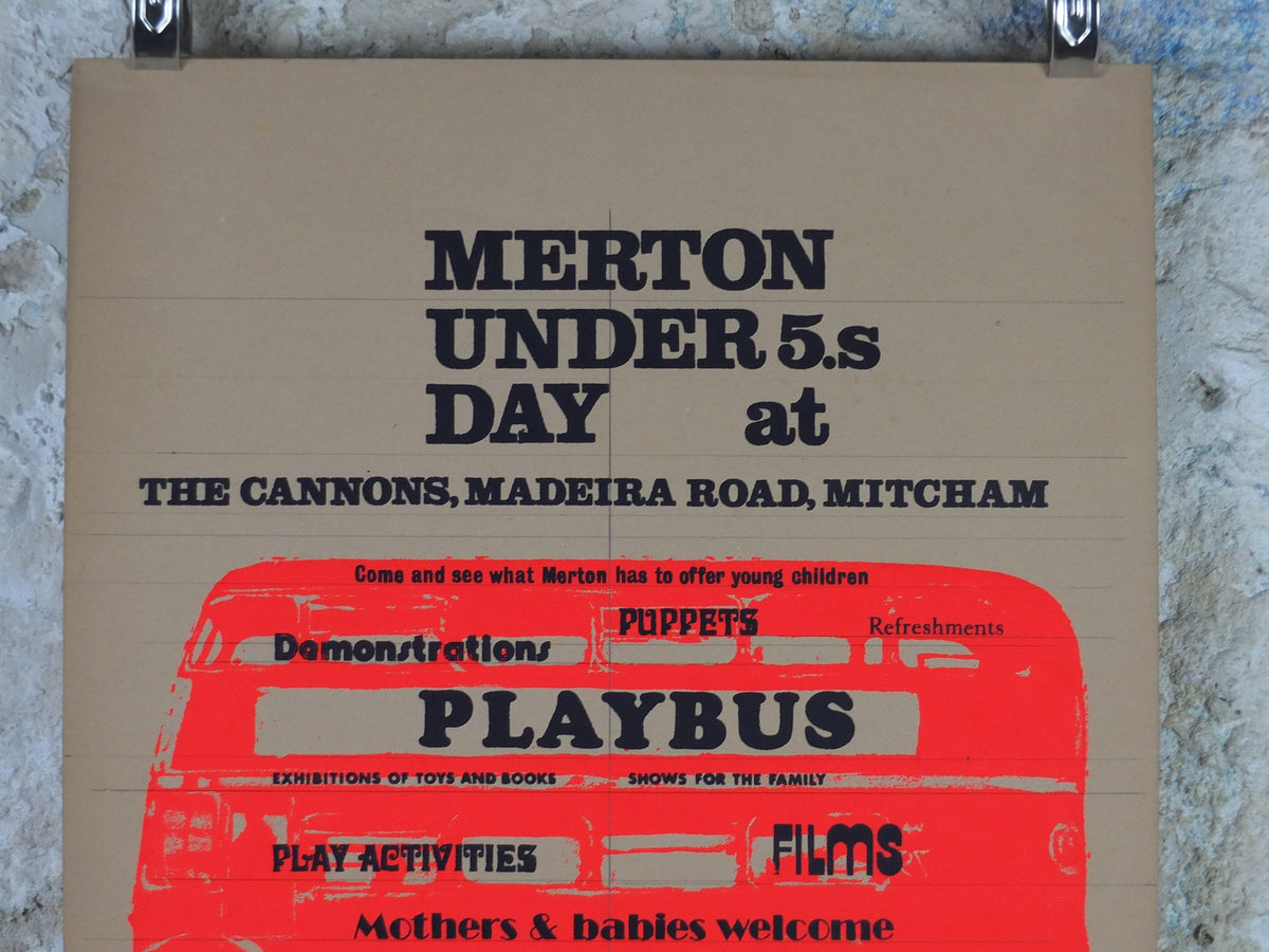 Merton Playbus Poster, Under 5s Day, The Cannons, Madeira Road, Mitchem, May 23, fluorescent pink, print lithograph wall art decor