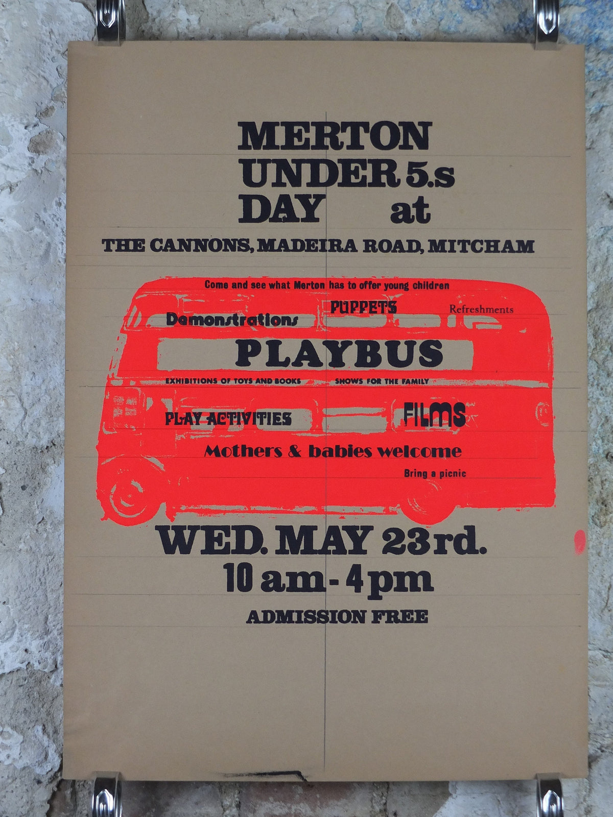 Merton Playbus Poster, Under 5s Day, The Cannons, Madeira Road, Mitchem, May 23, fluorescent pink, print lithograph wall art decor