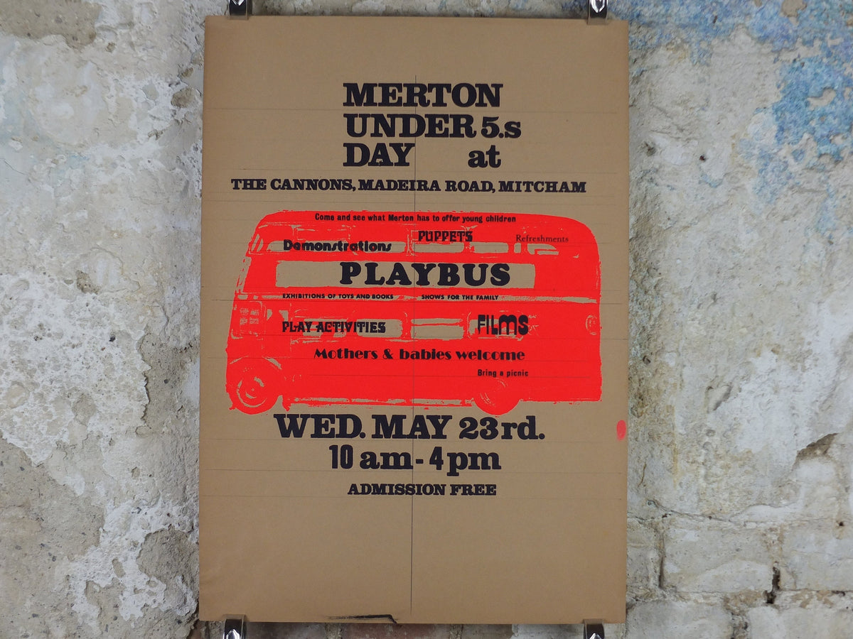 Merton Playbus Poster, Under 5s Day, The Cannons, Madeira Road, Mitchem, May 23, fluorescent pink, print lithograph wall art decor