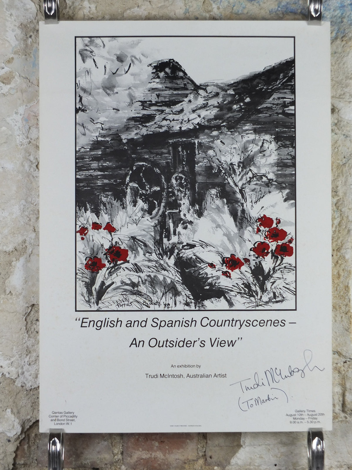 Trudi McIntosh Poster, signed to "Martin", English and Spanish countryscenes, Poppies, artist gallery exhibition wall art decor