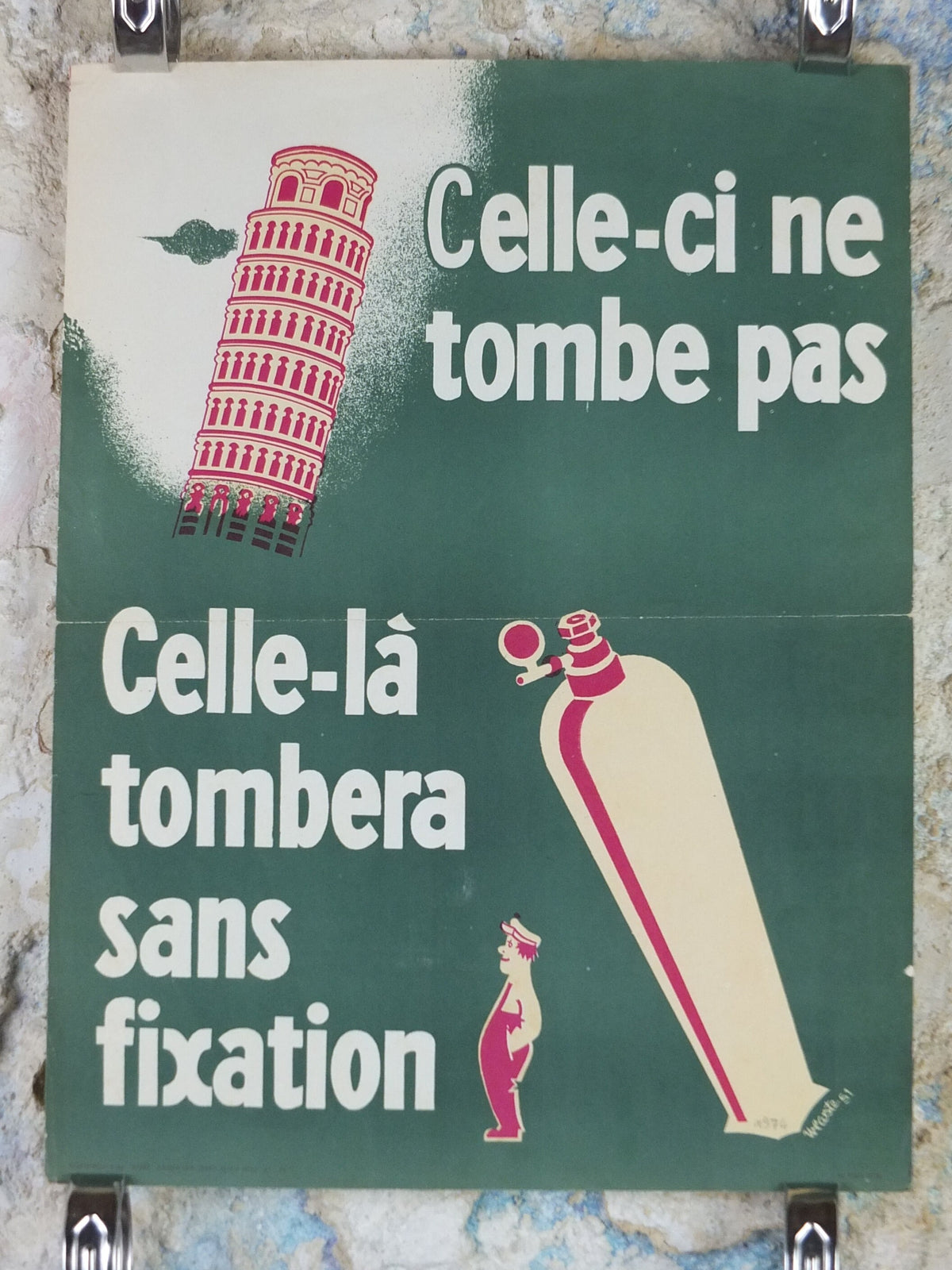 1951 Vintage SNCF French safety poster, Leaning Tower of Pisa, by Wecoste, industrial, train rail dangers, retro wall art decor