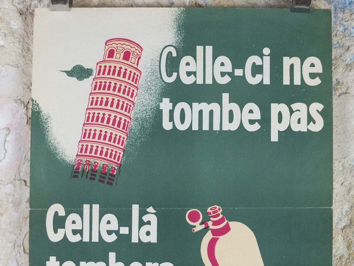 1951 Vintage SNCF French safety poster, Leaning Tower of Pisa, by Wecoste, industrial, train rail dangers, retro wall art decor