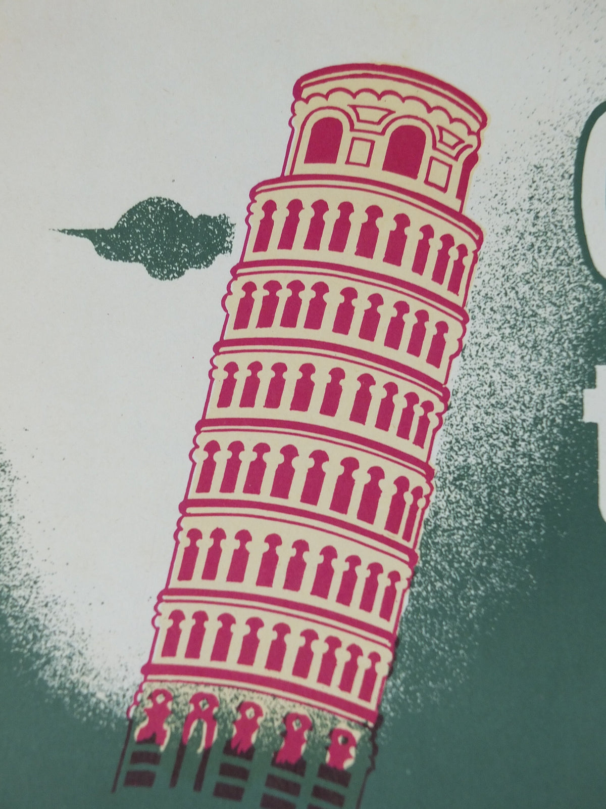 1951 Vintage SNCF French safety poster, Leaning Tower of Pisa, by Wecoste, industrial, train rail dangers, retro wall art decor