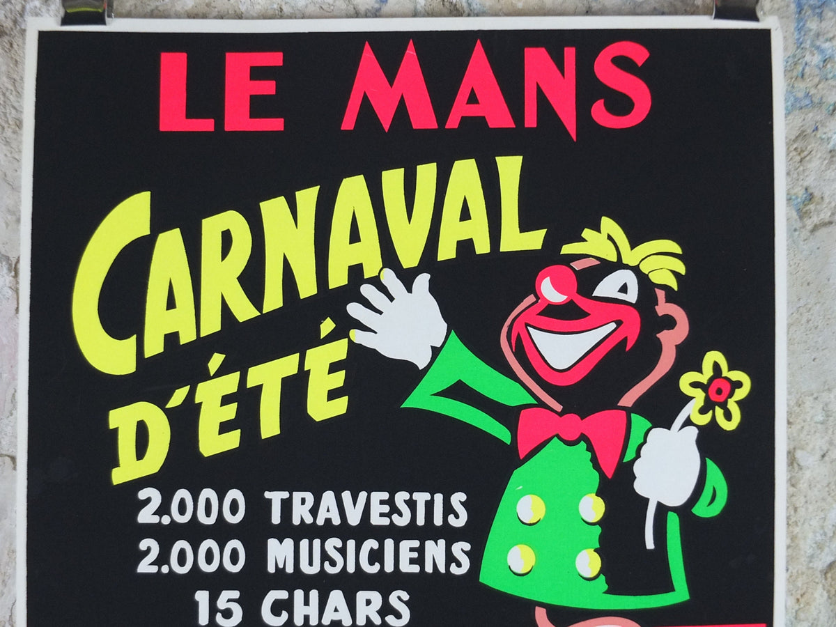 1964 Le Mans Carnival Poster, luminous Jack-in-a-box, glow in the dark, by Aloe, Circus entertainment, Cirque Carnaval, retro wall art decor