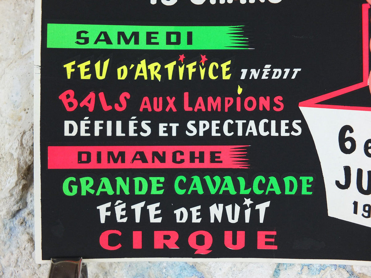 1964 Le Mans Carnival Poster, luminous Jack-in-a-box, glow in the dark, by Aloe, Circus entertainment, Cirque Carnaval, retro wall art decor