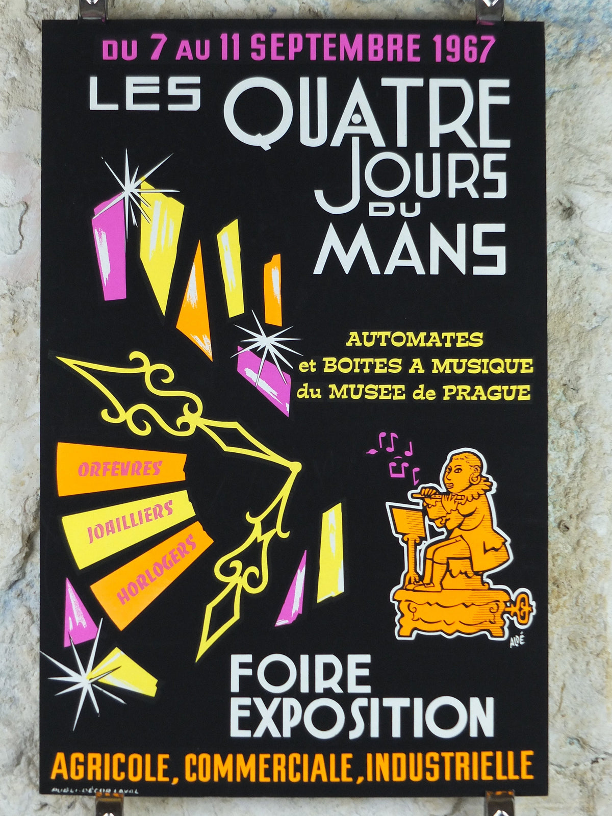 1967 Fourth day of Le Mans Poster, luminous flute musician, glow in the dark, by Aloe, agriculture, industrial, retro wall art decor