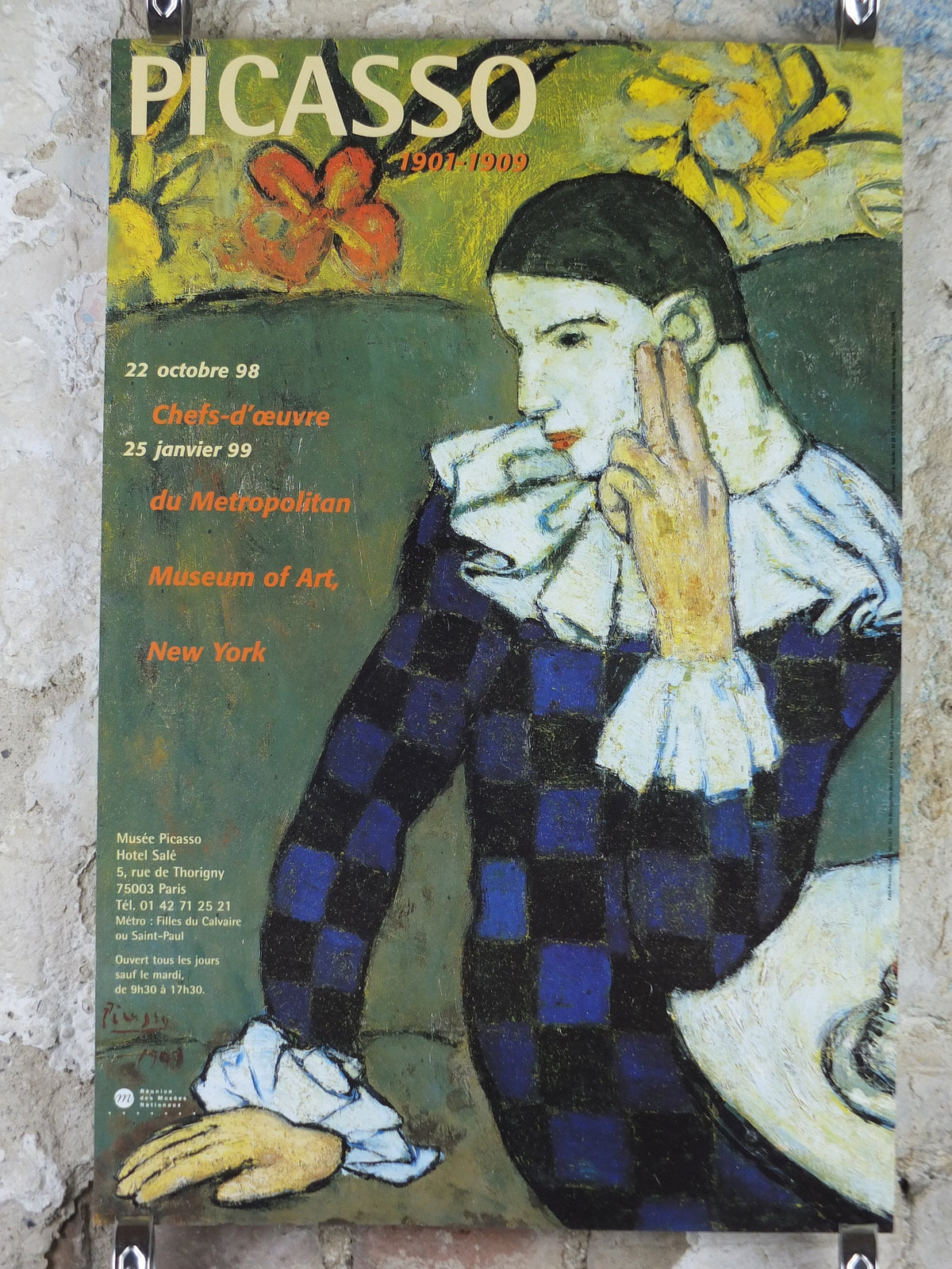 1998 Pablo Picasso Poster, Seated Harlequin, Metropolitian Museum of Arts New York, Blue period, artist gallery exhibition, wall art decor