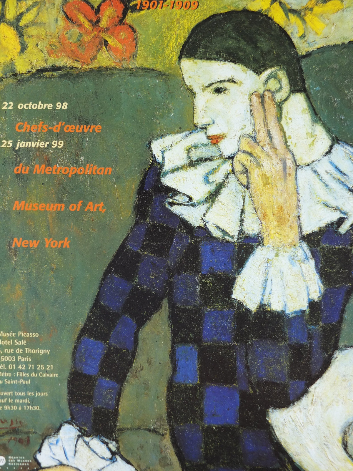 1998 Pablo Picasso Poster, Seated Harlequin, Metropolitian Museum of Arts New York, Blue period, artist gallery exhibition, wall art decor