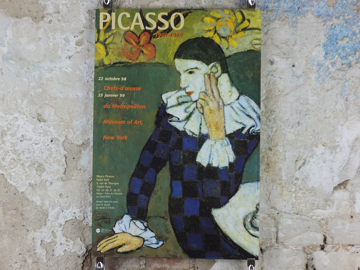 1998 Pablo Picasso Poster, Seated Harlequin, Metropolitian Museum of Arts New York, Blue period, artist gallery exhibition, wall art decor