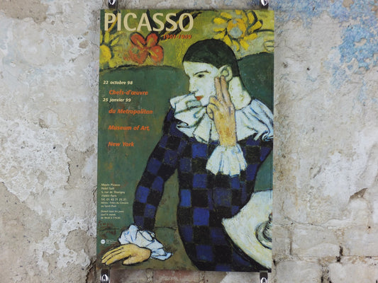 1998 Pablo Picasso Poster, Seated Harlequin, Metropolitian Museum of Arts New York, Blue period, artist gallery exhibition, wall art decor