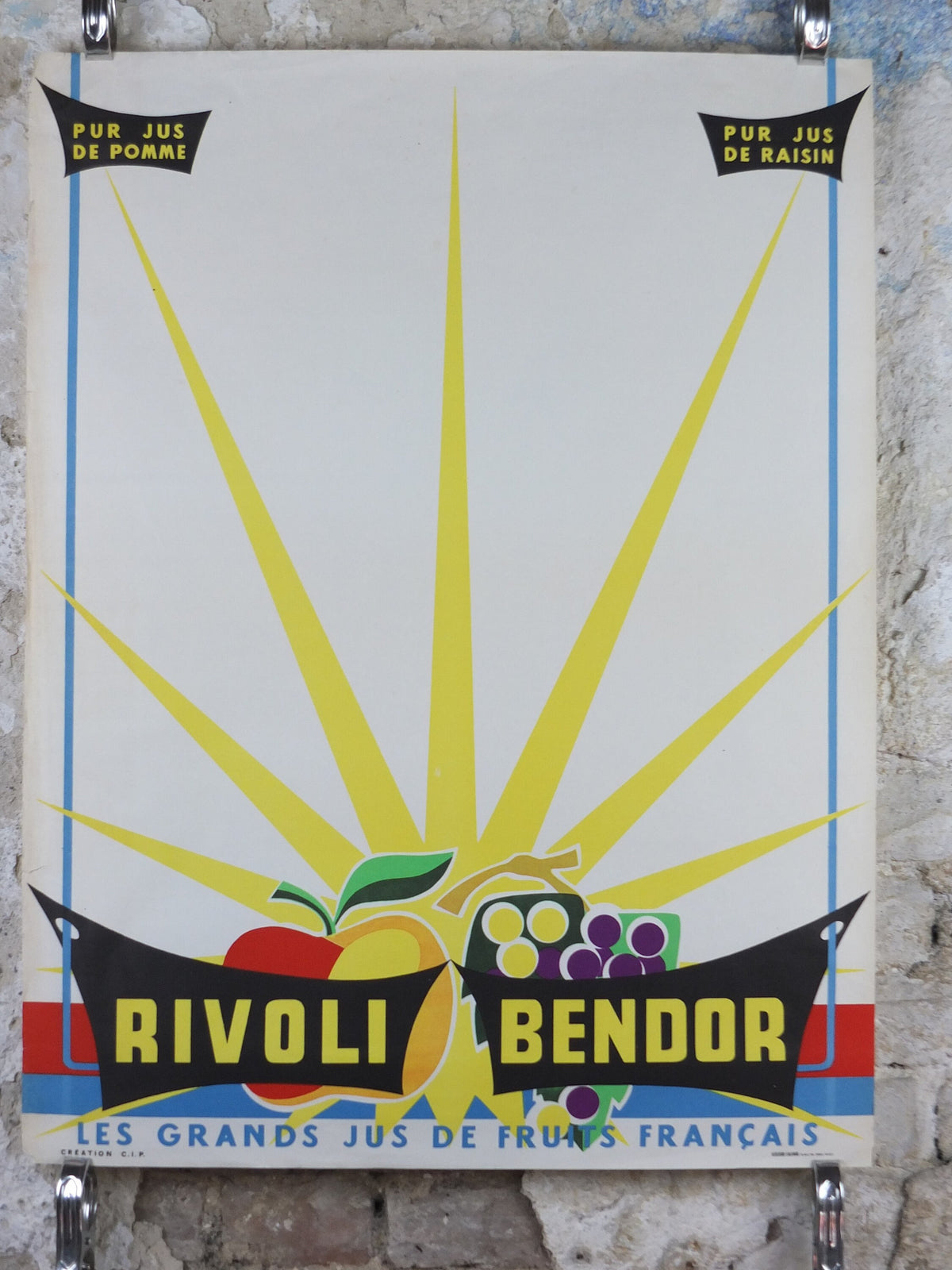 1960s Vintage Rivoli Bendor Poster, French apple and grape juice drink, France advertising, food and drinks industry, wall art retro