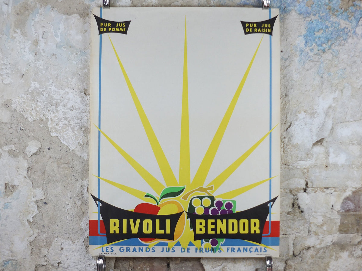 1960s Vintage Rivoli Bendor Poster, French apple and grape juice drink, France advertising, food and drinks industry, wall art retro