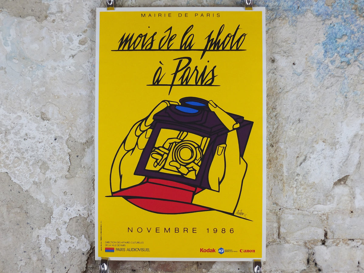 1986 Mois de la photo a Paris Poster by Adami, Photography, Camera, Kodak Canon, French technology advertising, retro wall art decor
