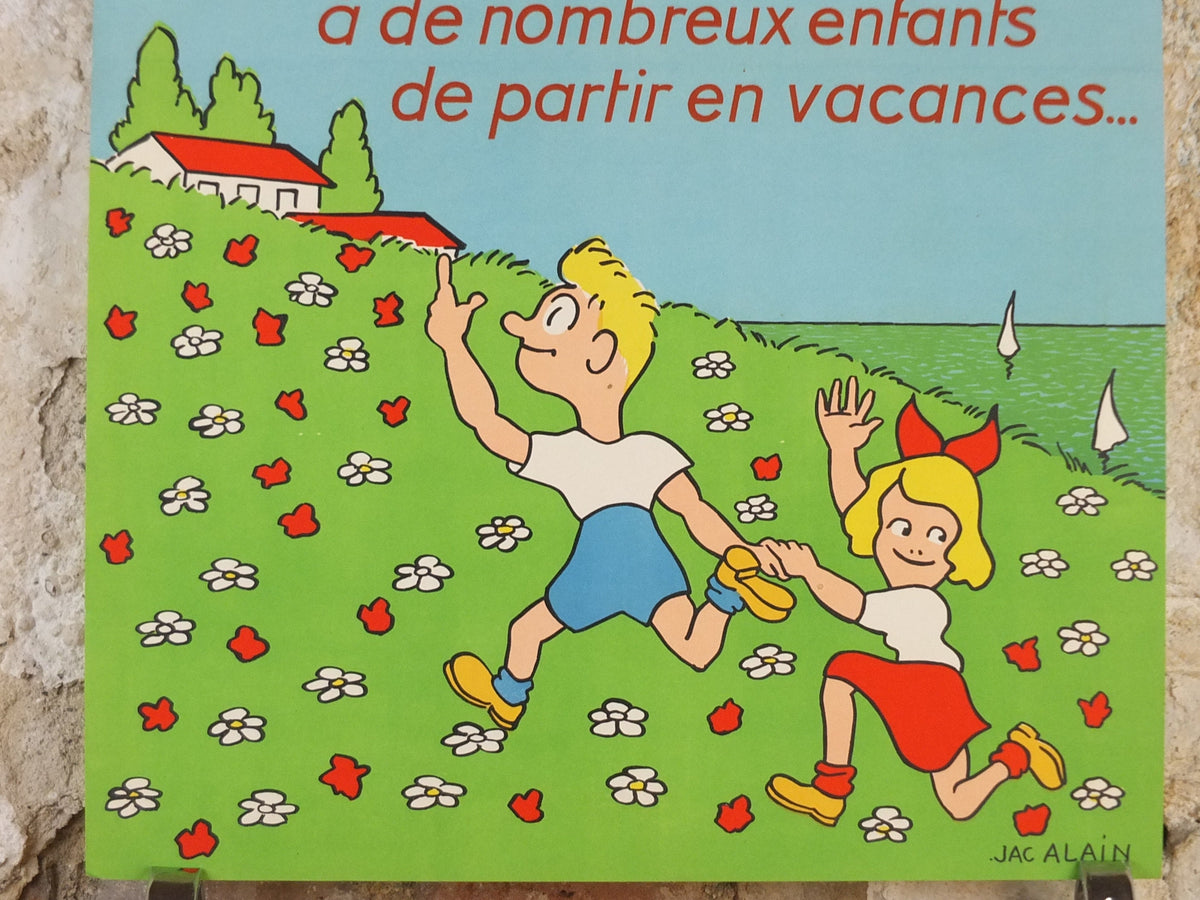 1953 Children on Holiday Poster, bright and colourful French art for the "Grand Boulevards Week, for children's vacations, wall art decor